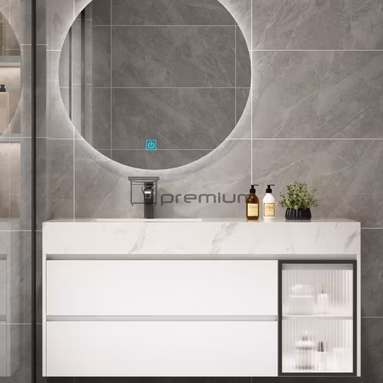 Espejo retroiluminado con LED de diseño moderno de lujo, 1000mm de ancho, lavabo de cerámica con tapa de piedra sinterizada, mueble de tocador de baño de madera