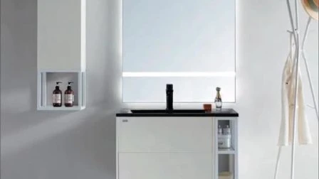 Ortonbath Moderno lavabo de cerámica con listones de montaje en pared, mueble de baño de madera de doble capa, mueble de baño de piedra artificial con espejo LED